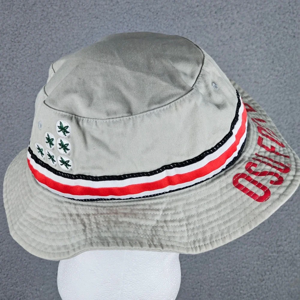 OSU Bucket Hat Mens OSFM Tan Ohio State Football Buckeye Leaves Striped Ribbon